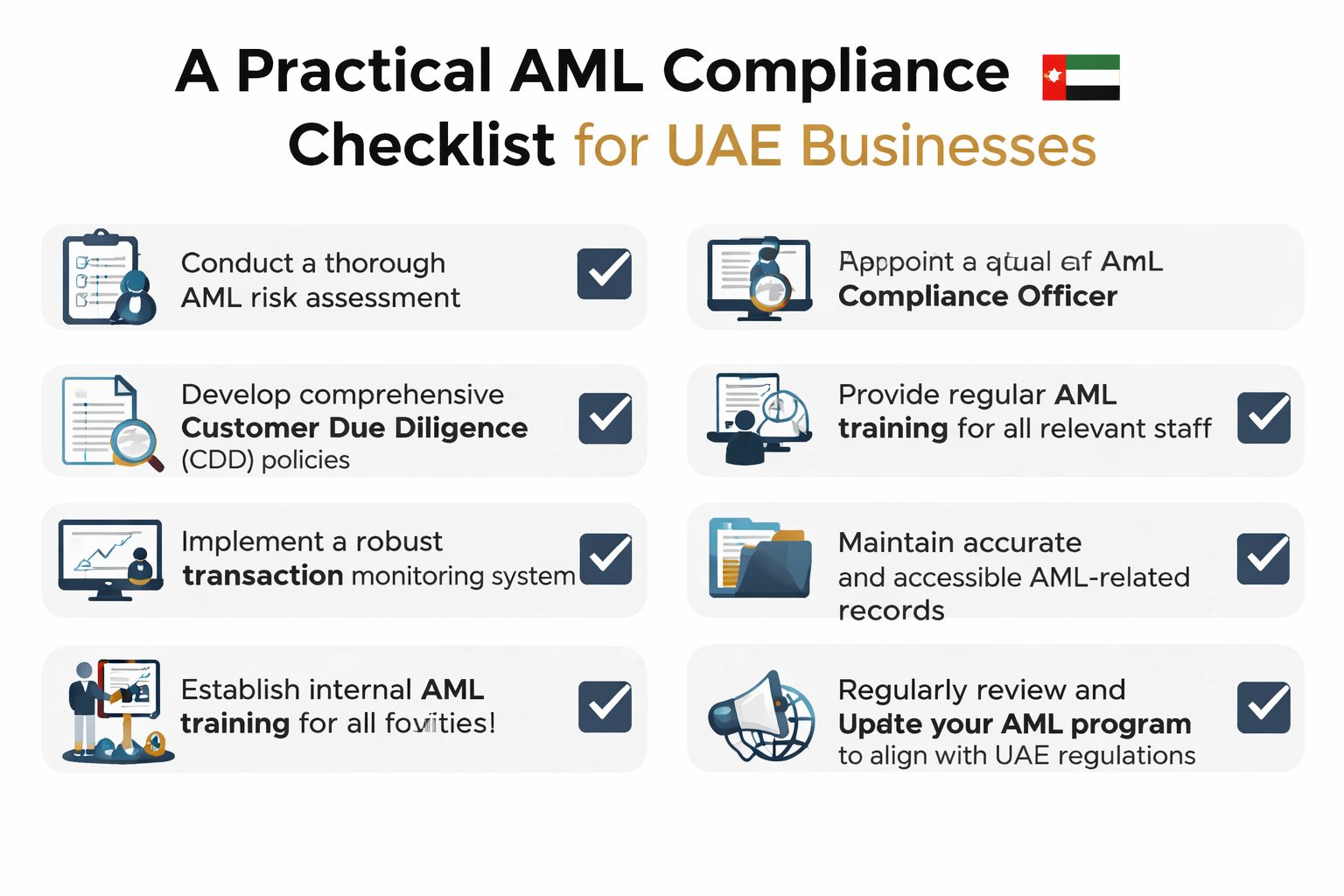 An infographic checklist for UAE businesses outlining key steps for maintaining anti-money laundering compliance regulations.