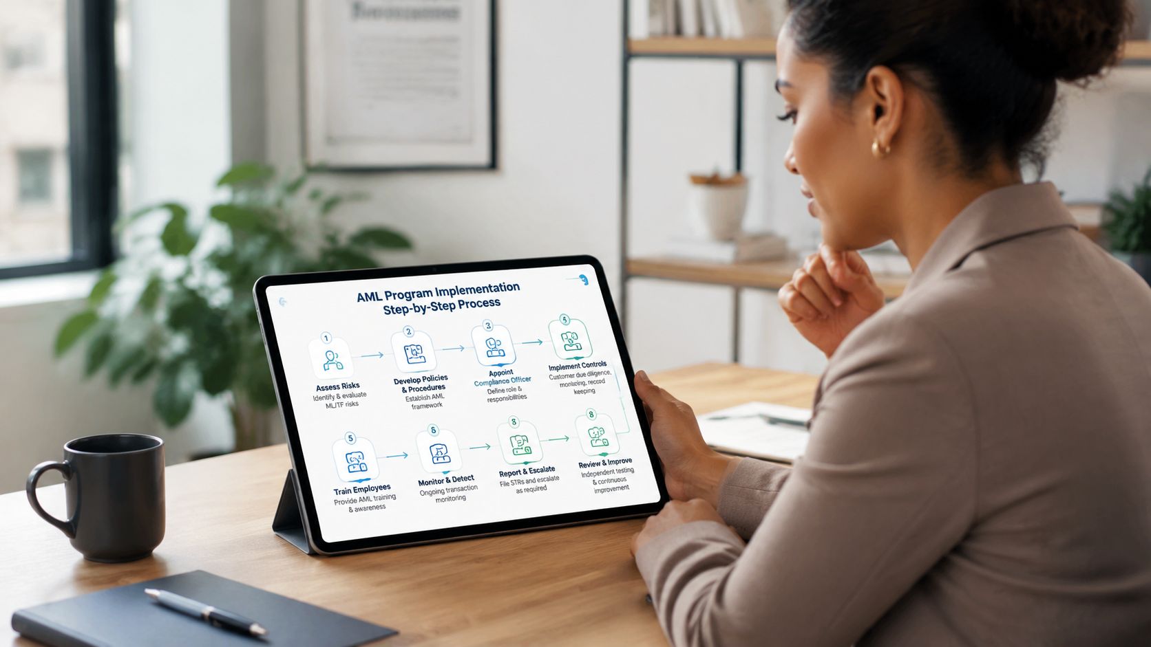 A professional woman viewing an AML program implementation step-by-step process chart on a digital tablet at her desk.