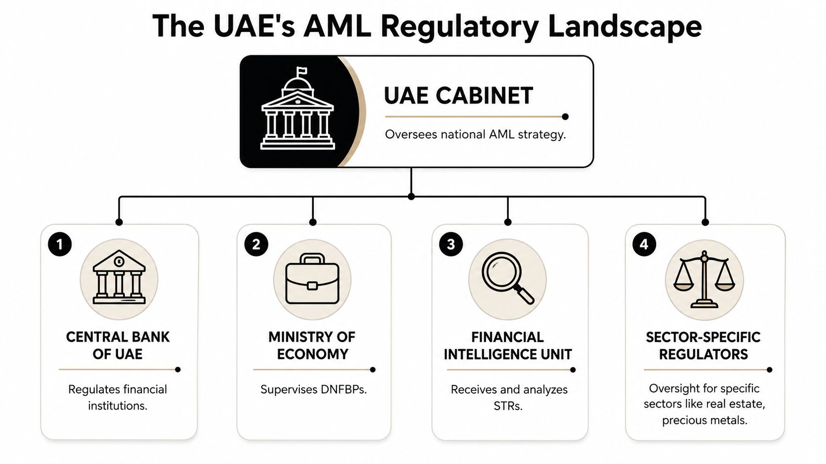 A diagram illustrating the UAE's anti-money laundering regulatory framework and the roles of key government bodies.