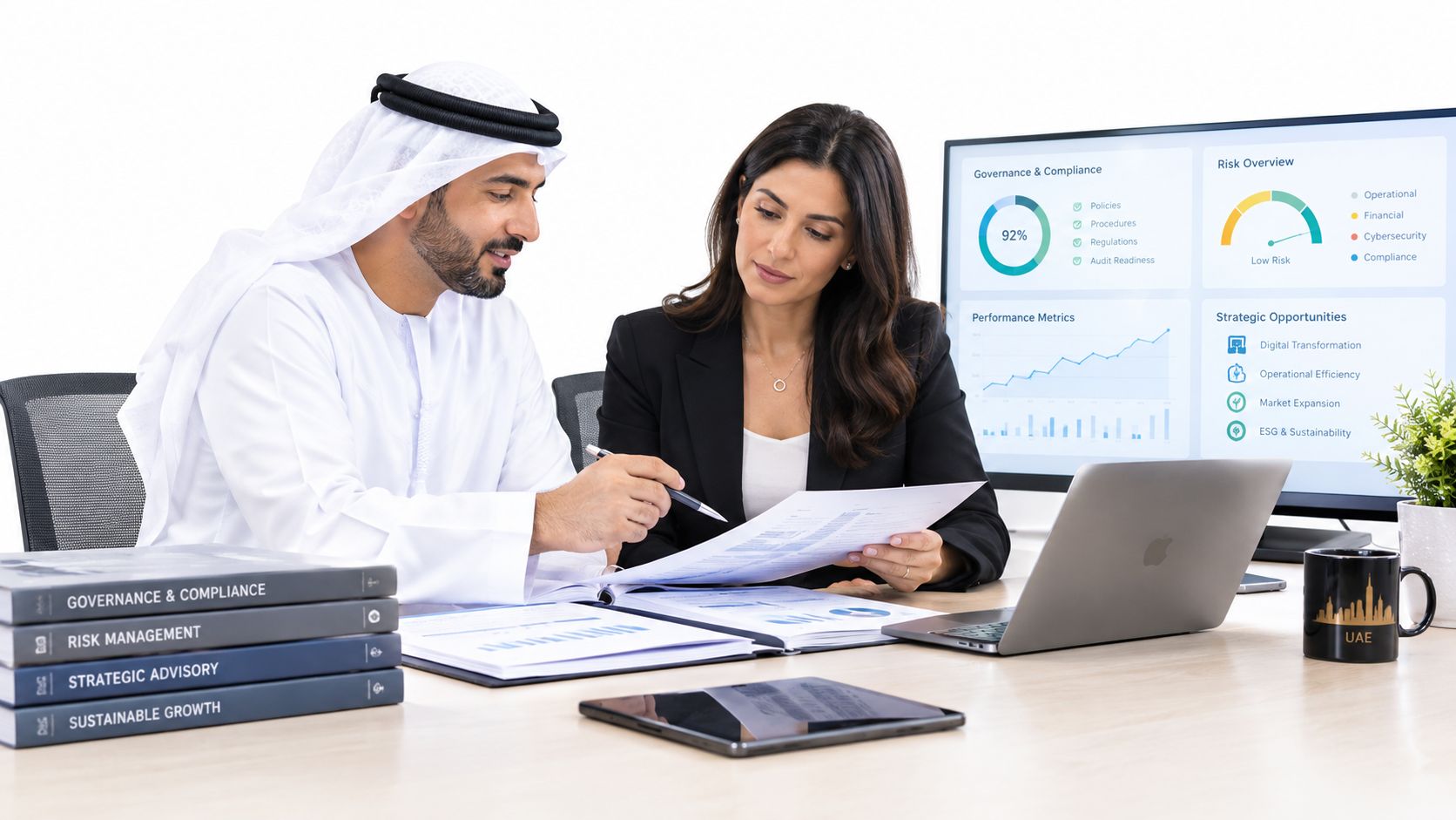 A professional man and woman reviewing business documents and financial data together in a modern office.