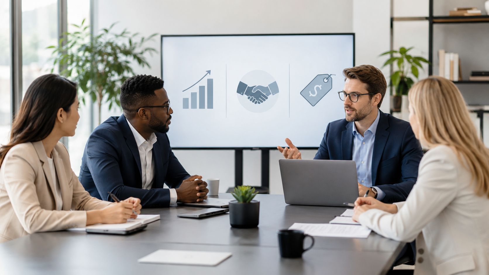 A professional team of business colleagues discussing strategy during a corporate meeting in a modern office.