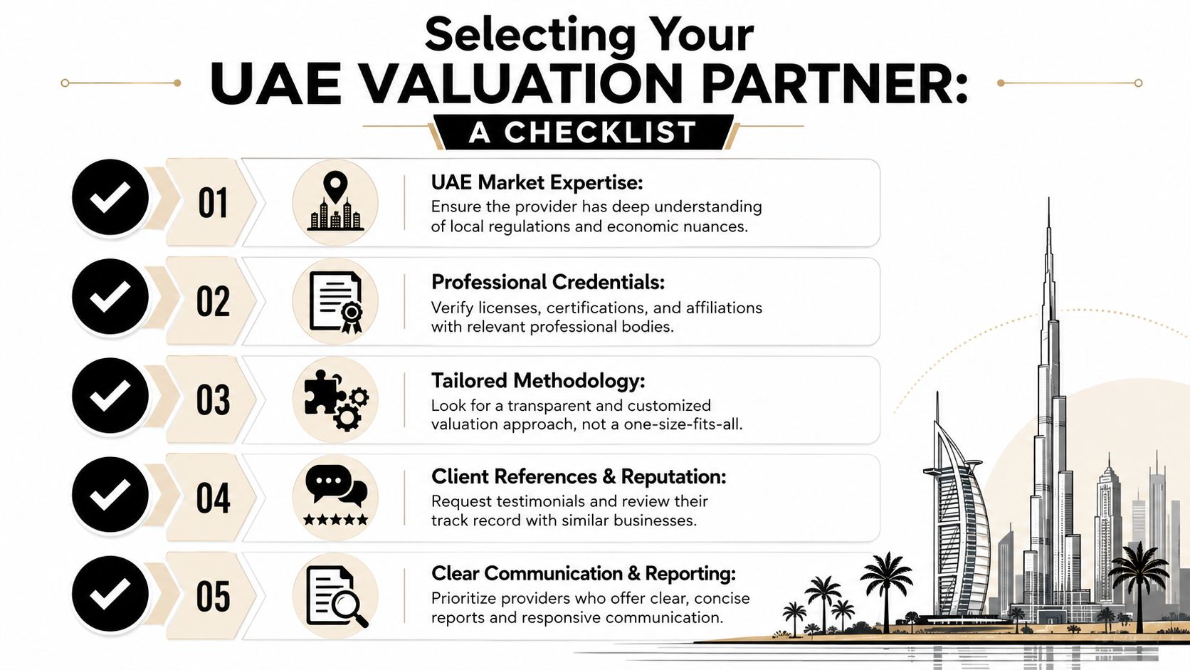 A checklist infographic titled Selecting Your UAE Valuation Partner, listing five essential criteria for choosing valuation services.