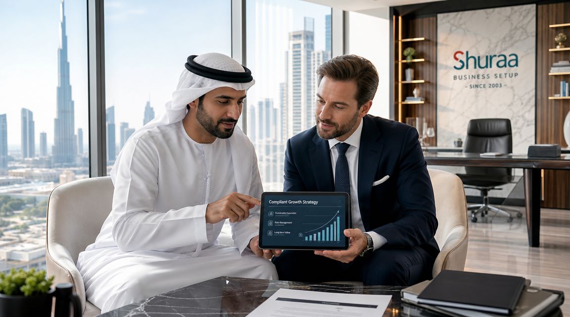 A professional business meeting between two executives discussing growth strategies in a modern Dubai office suite.