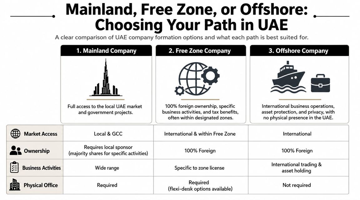 A comparison chart outlining the differences between mainland, free zone, and offshore company formation in the UAE.