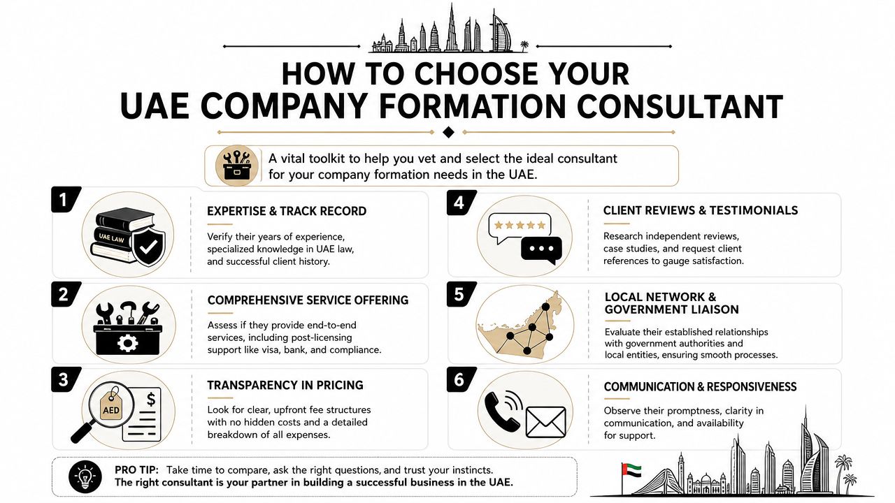 An infographic titled how to choose your UAE company formation consultant outlining six key tips for selection.