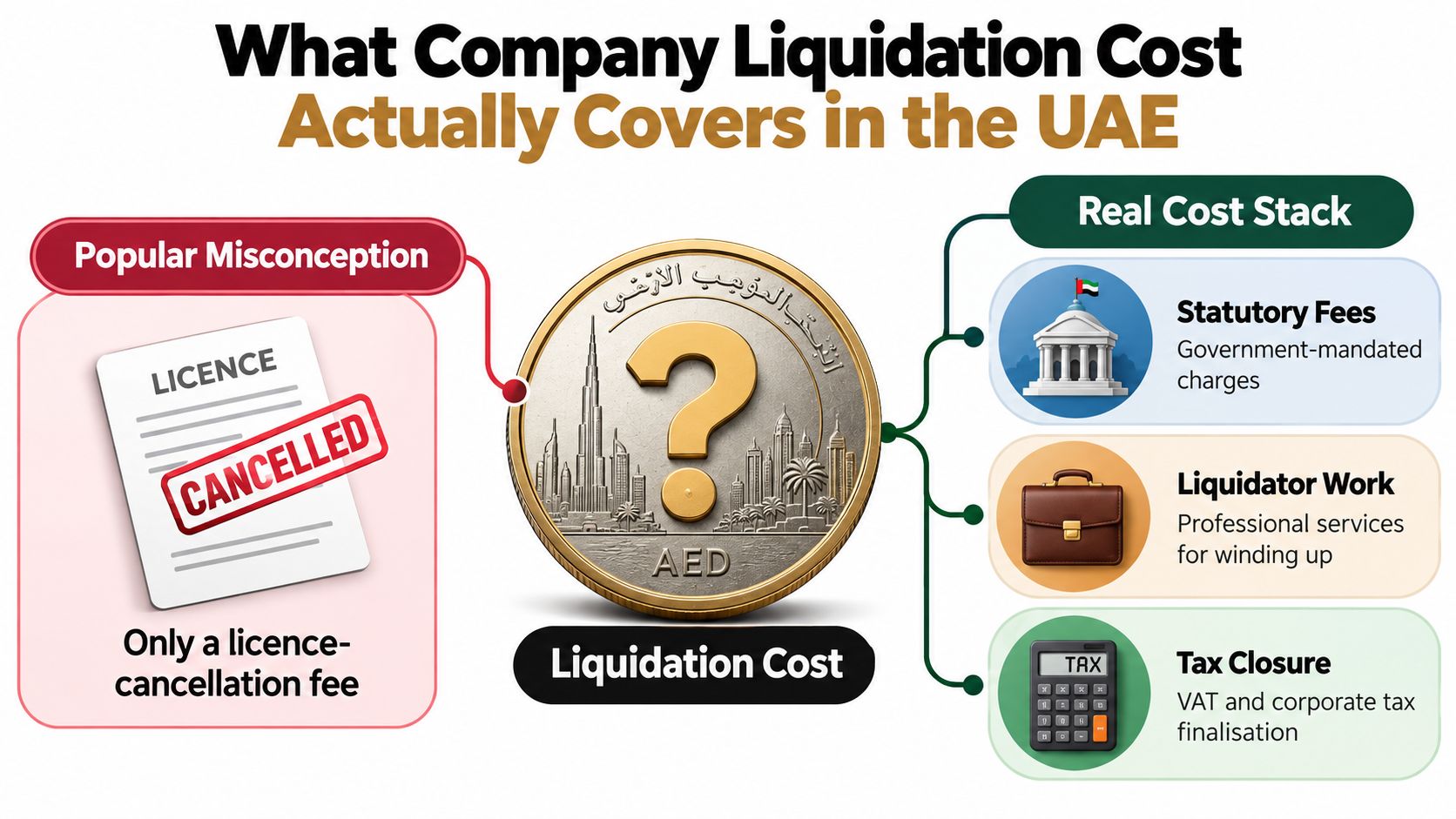 An infographic detailing the components of company liquidation costs in the UAE, correcting common misconceptions.