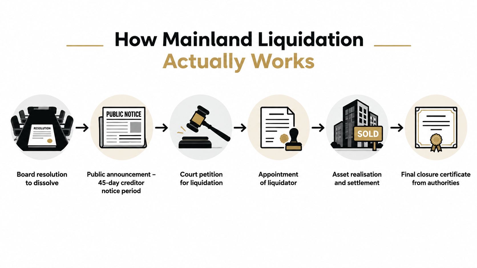 A step-by-step infographic illustrating the mainland company liquidation process from board resolution to final closure certificate.