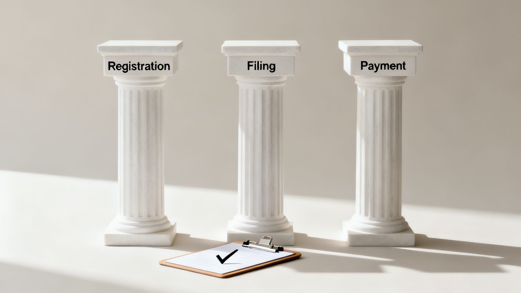 Three white pillars representing Registration, Filing, and Payment steps, with a clipboard and checkmark.
