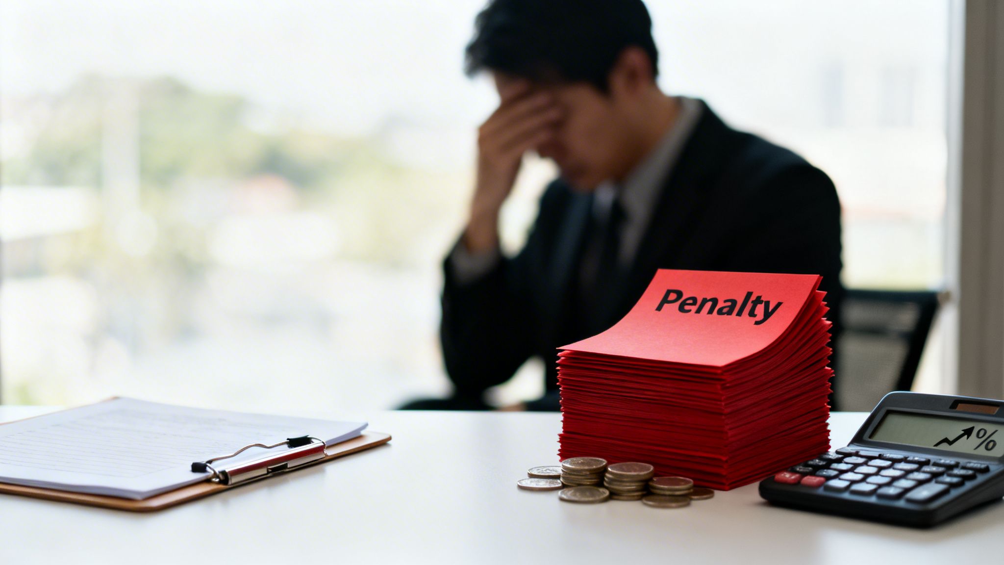 A stressed businessman sits at a desk with a stack of red 'Penalty' papers, coins, and a calculator.