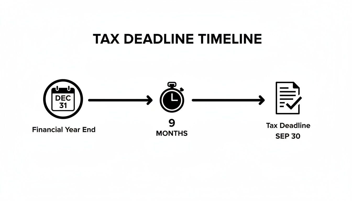 A timeline showing the financial year end on Dec 31, followed by 9 months, leading to the tax deadline on Sep 30.