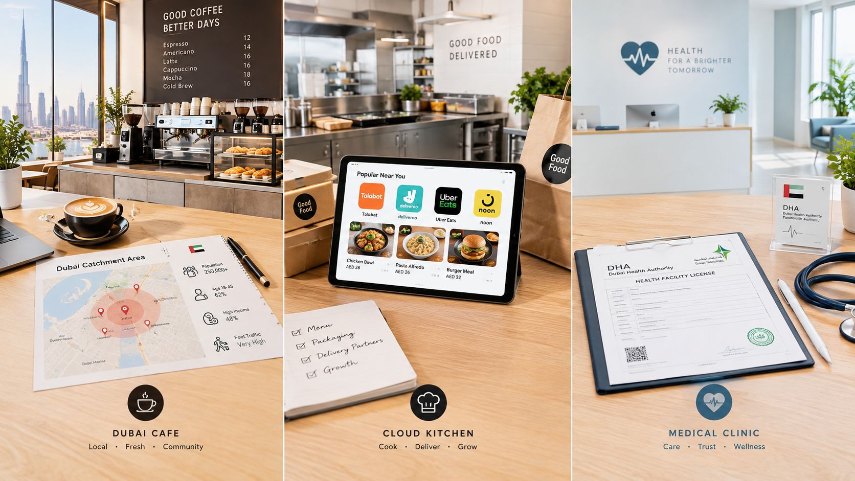 A triptych showing a Dubai cafe, cloud kitchen operations, and a medical clinic with professional documentation.