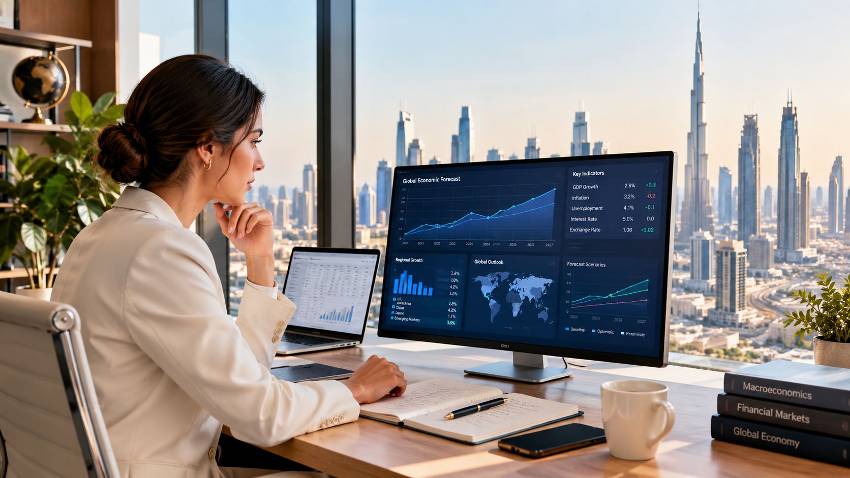 A professional analyst examining financial data and global economic forecasts on a desktop monitor in an office.