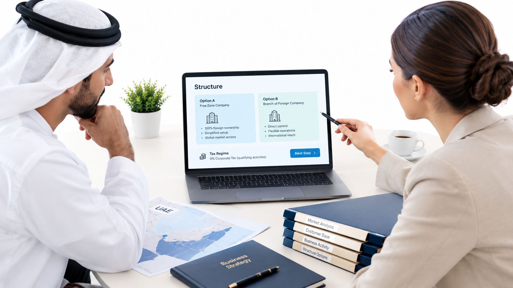 A professional business meeting discussing UAE company structure options and tax regulations using a laptop presentation.