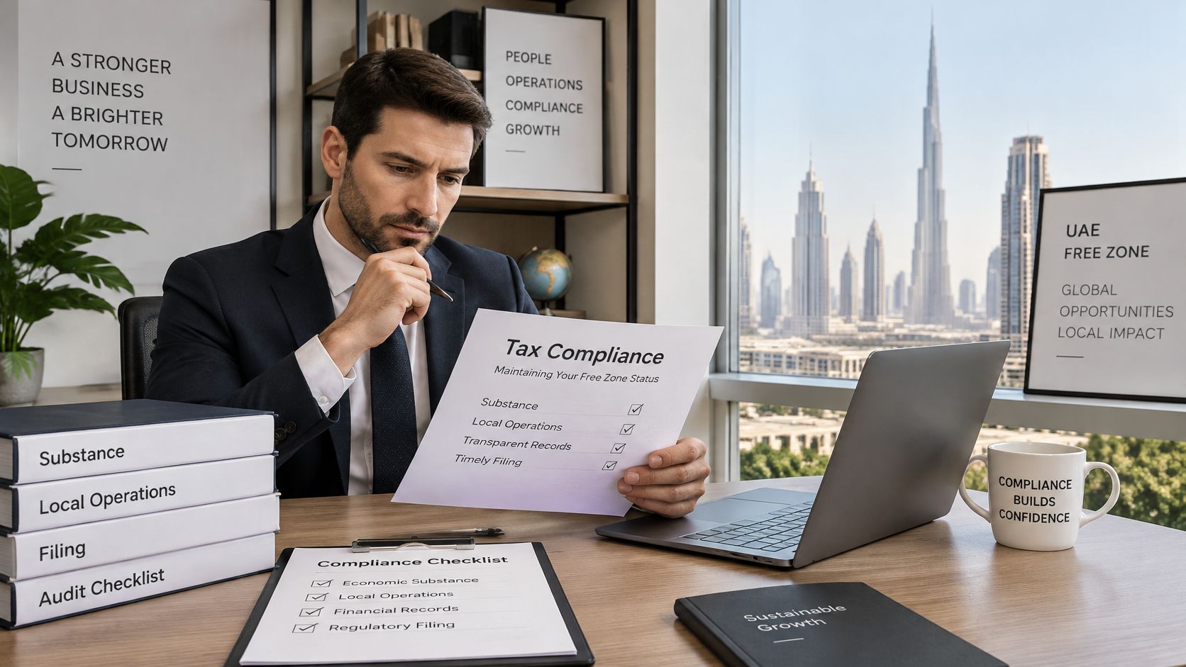 A professional man in a suit working in a modern office with a UAE skyline view.