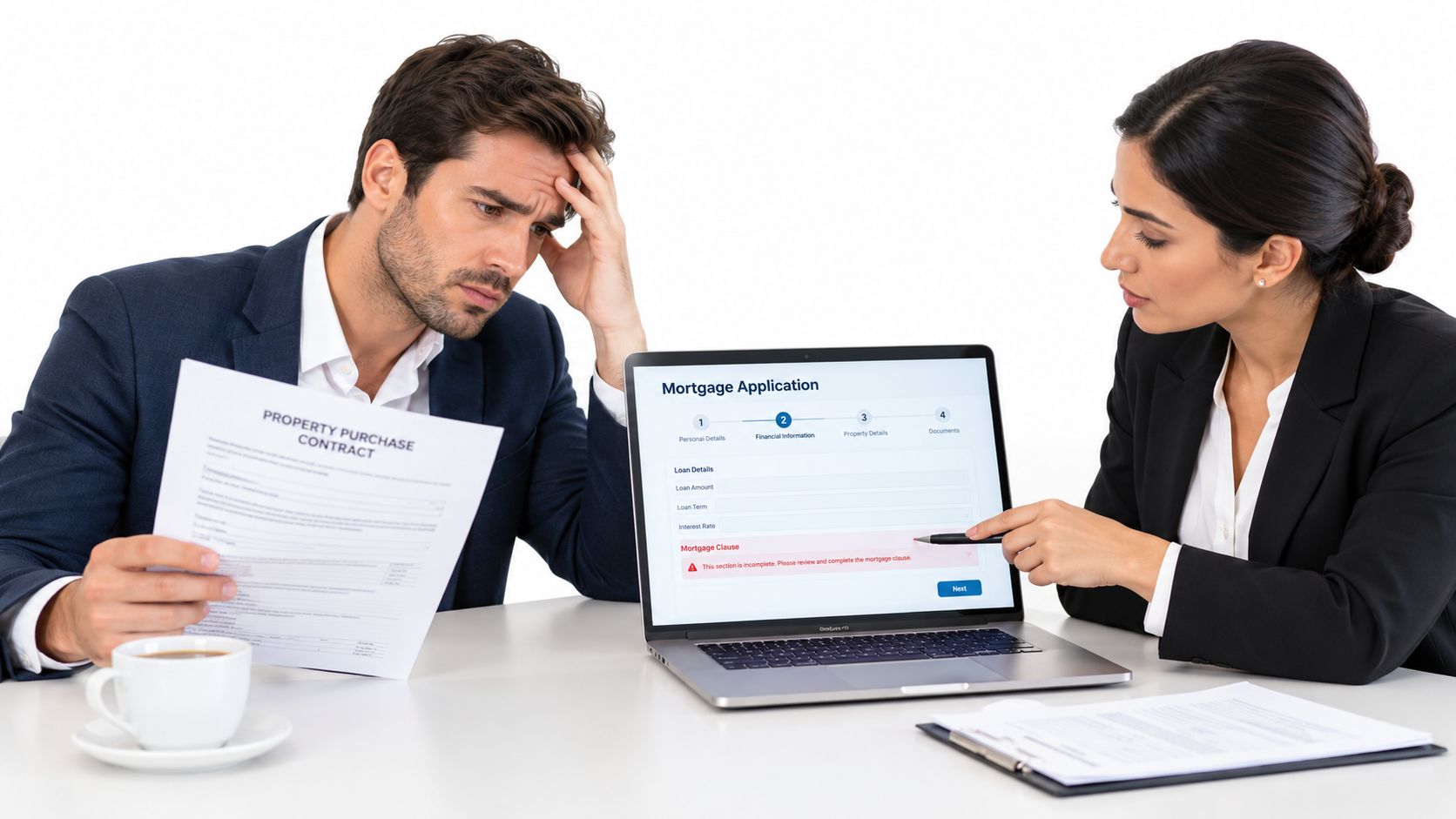 A concerned man reviewing a property purchase contract while a consultant points at a laptop screen.