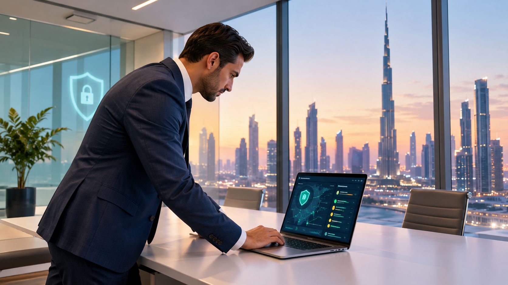 A professional man in a suit working on a laptop with a digital security interface in Dubai.