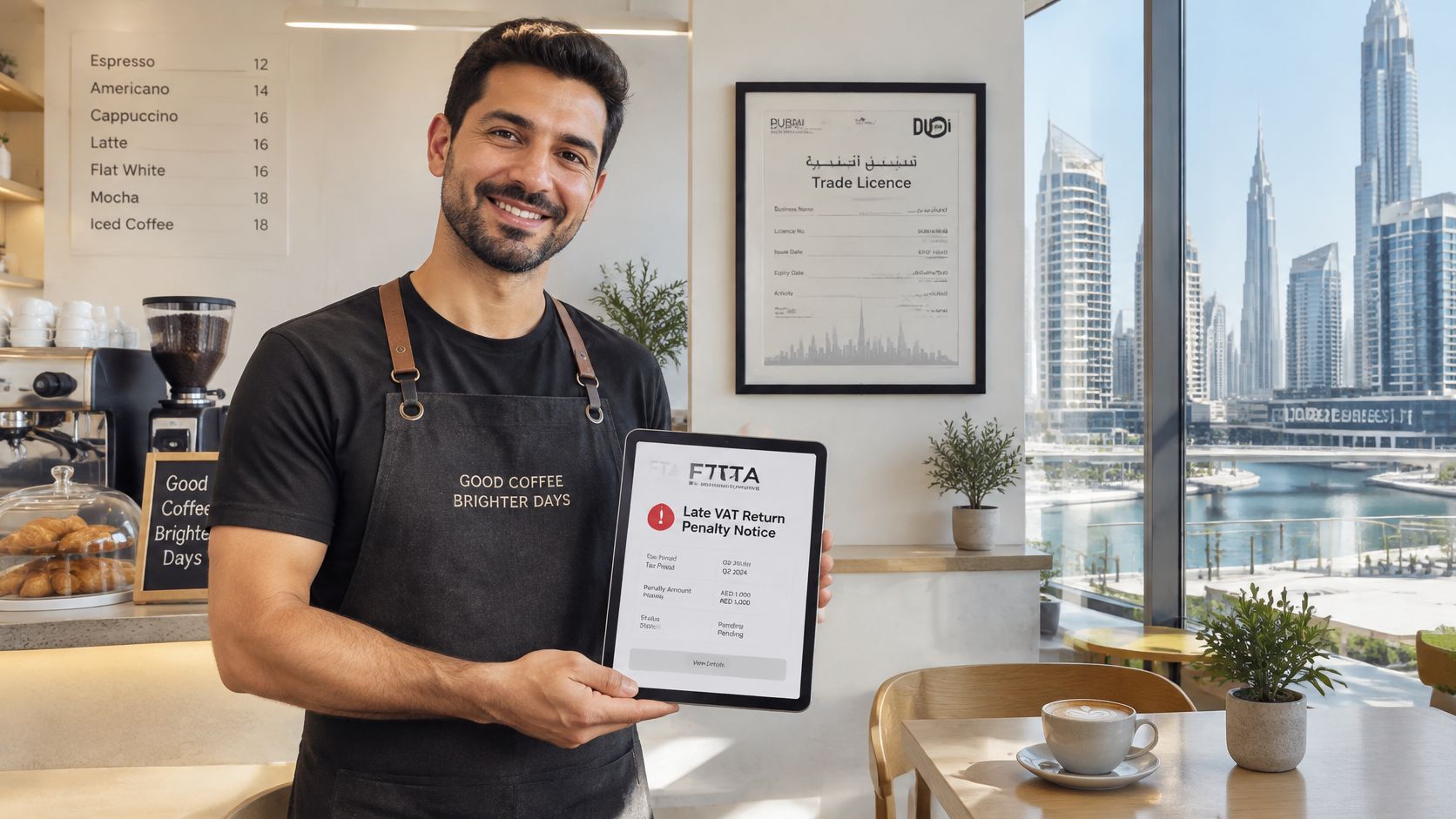 A friendly barista in a coffee shop holding a digital tablet showing a late VAT penalty notice.