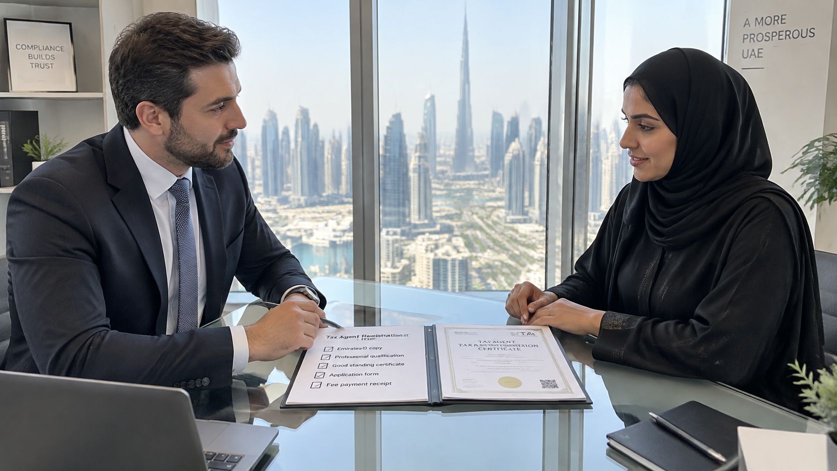 A professional man and woman discussing regulatory compliance services in a high-rise office overlooking Dubai.