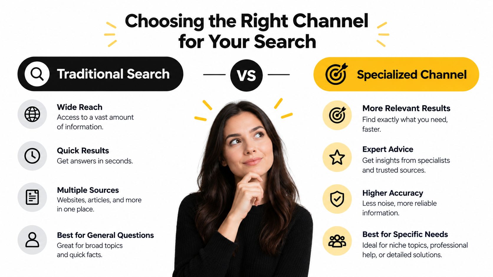 A comparative infographic highlighting the differences between traditional web search and using specialized channels for research.