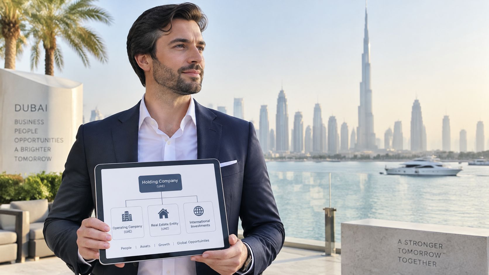 A professional man holding a tablet showcasing an organizational chart for a Dubai based holding company structure.
