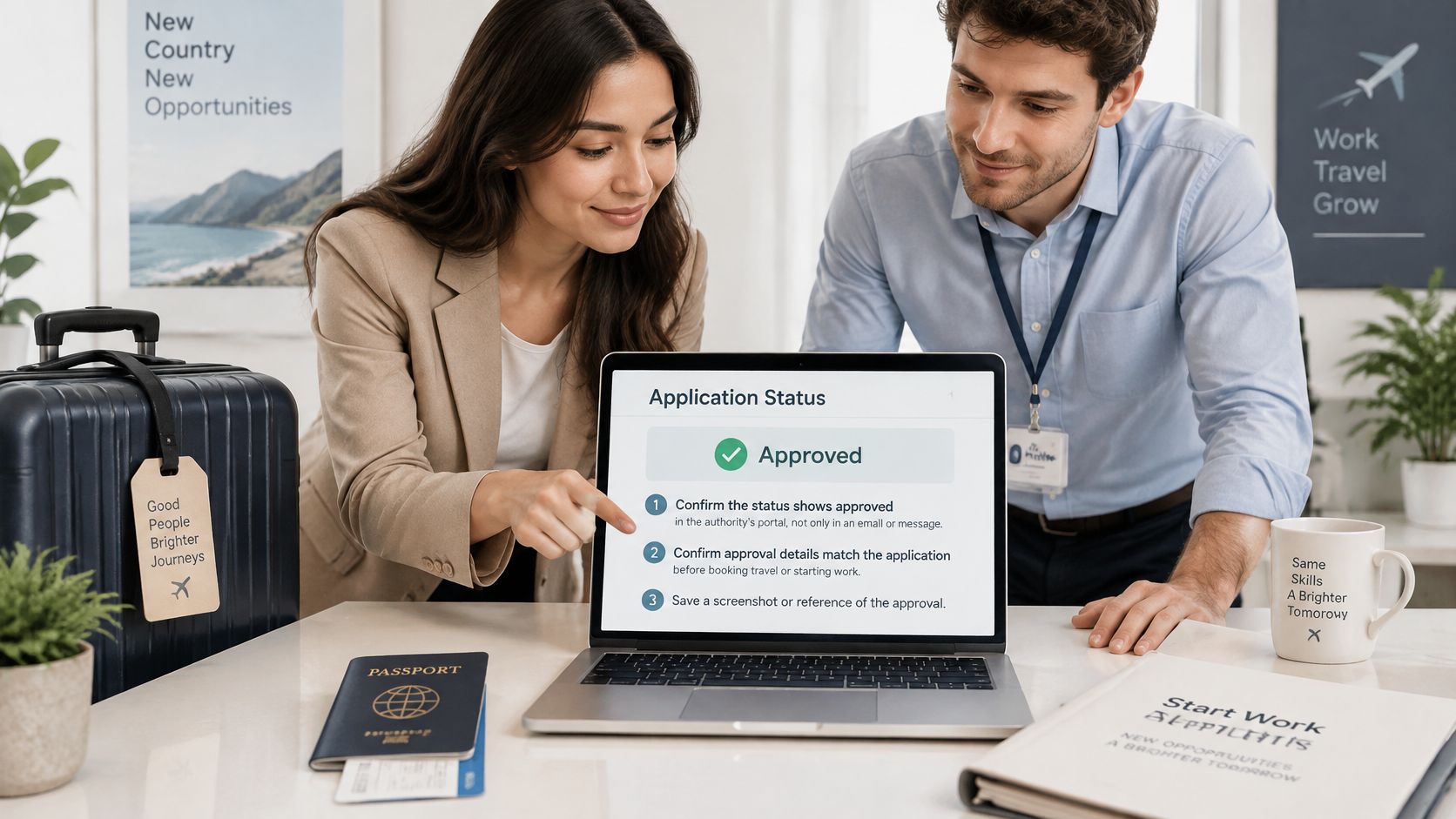A professional woman and man looking at a laptop screen showing an approved application status notification