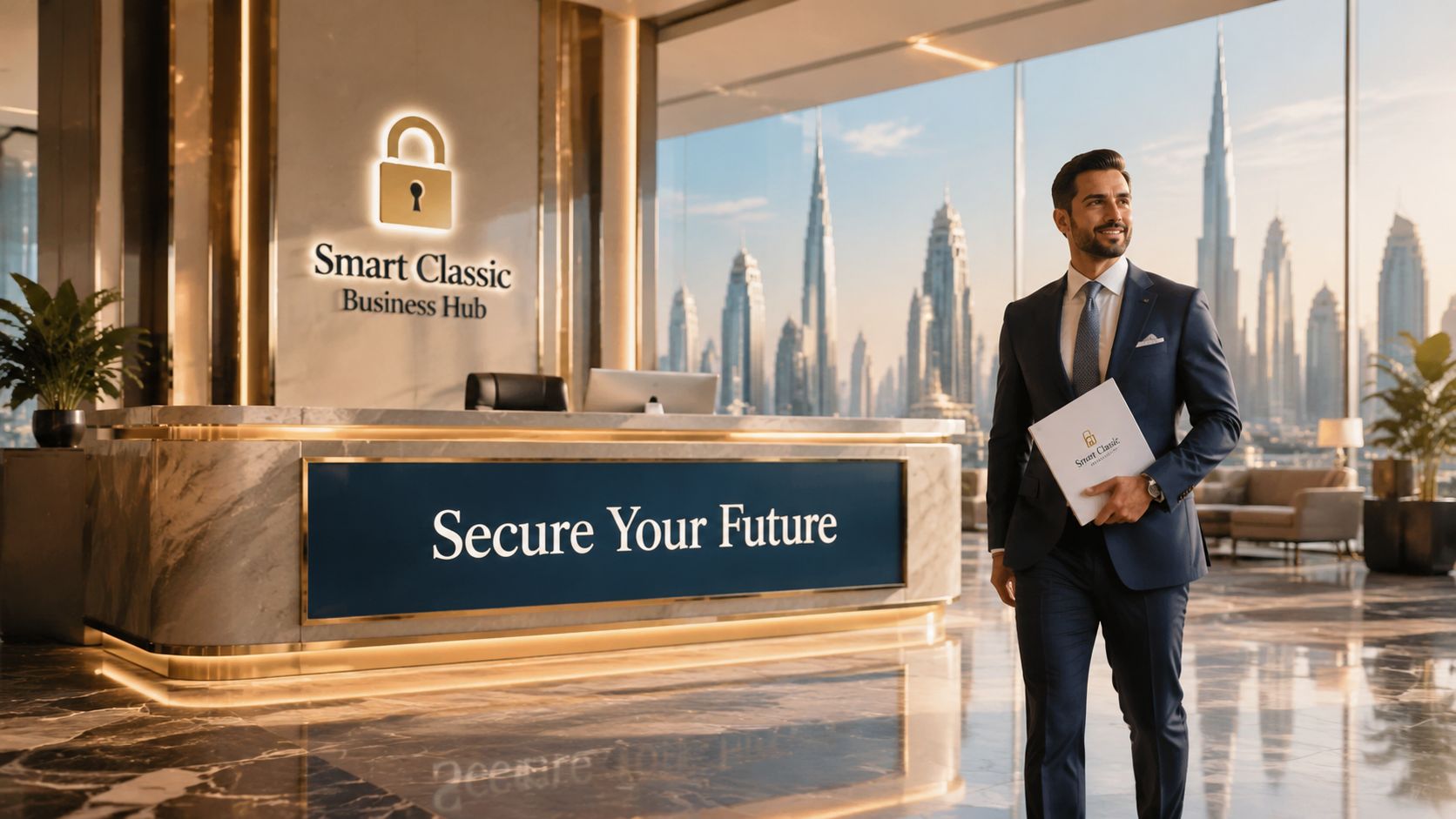 A professional man in a suit holding a folder inside a modern business office in Dubai.