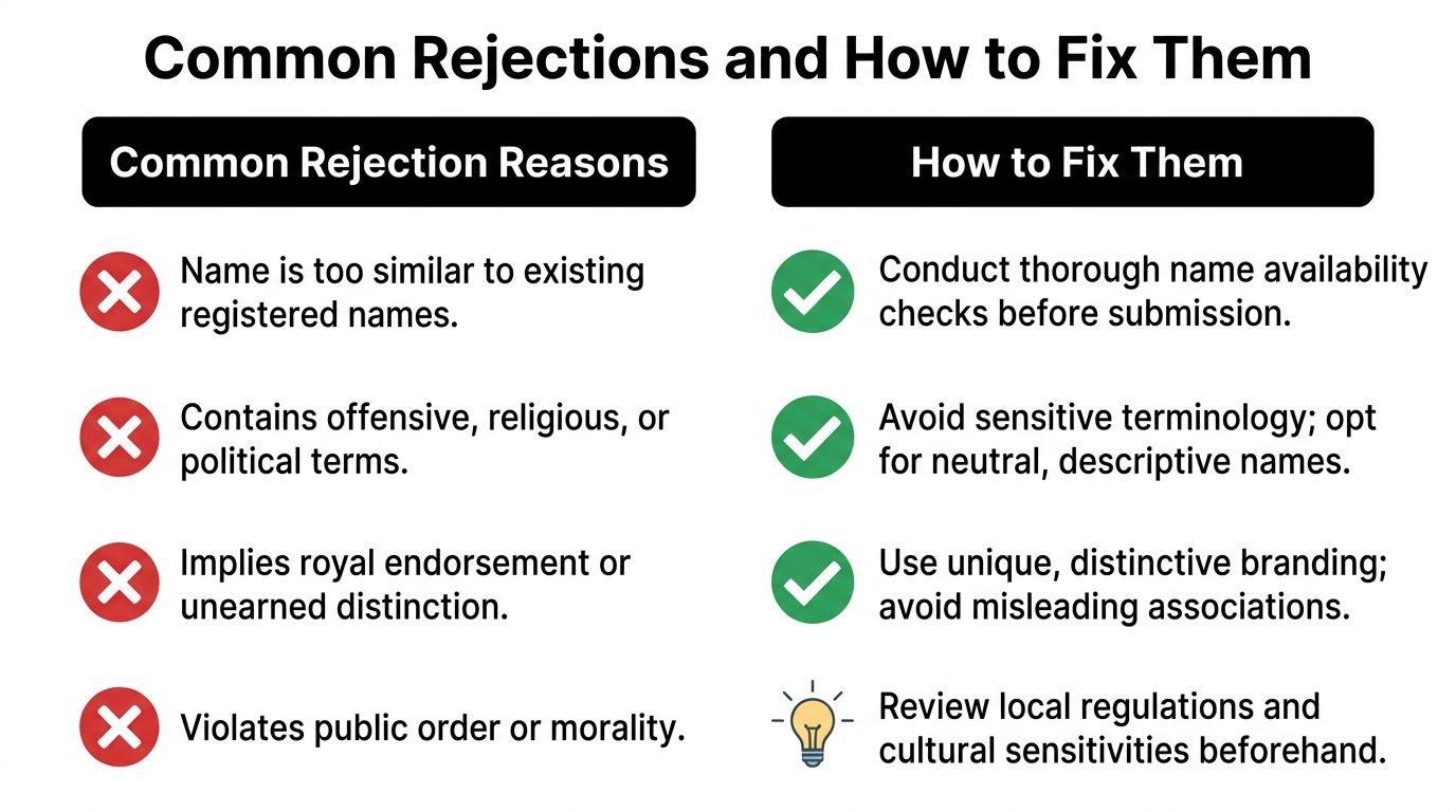 A chart showing common trade name registration rejection reasons alongside tips on how to fix them.