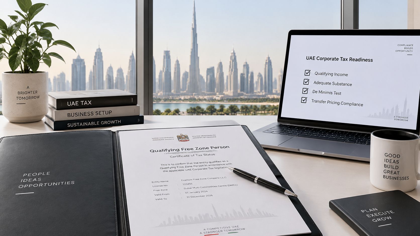 A professional desk setting featuring a Dubai corporate tax status certificate, laptop, and office supplies in UAE.