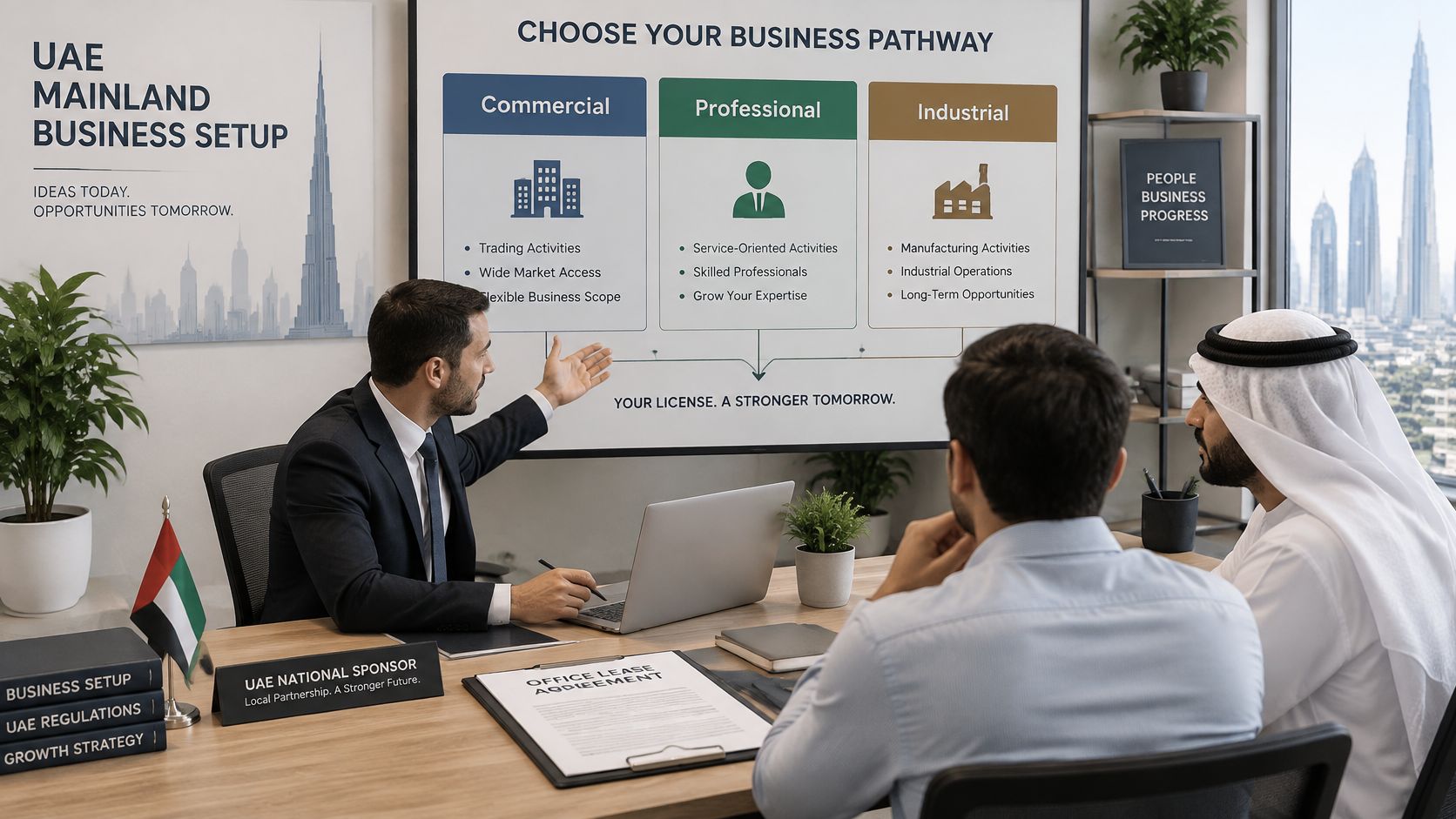 A professional consultant explaining UAE mainland business license options to clients in a modern office meeting.