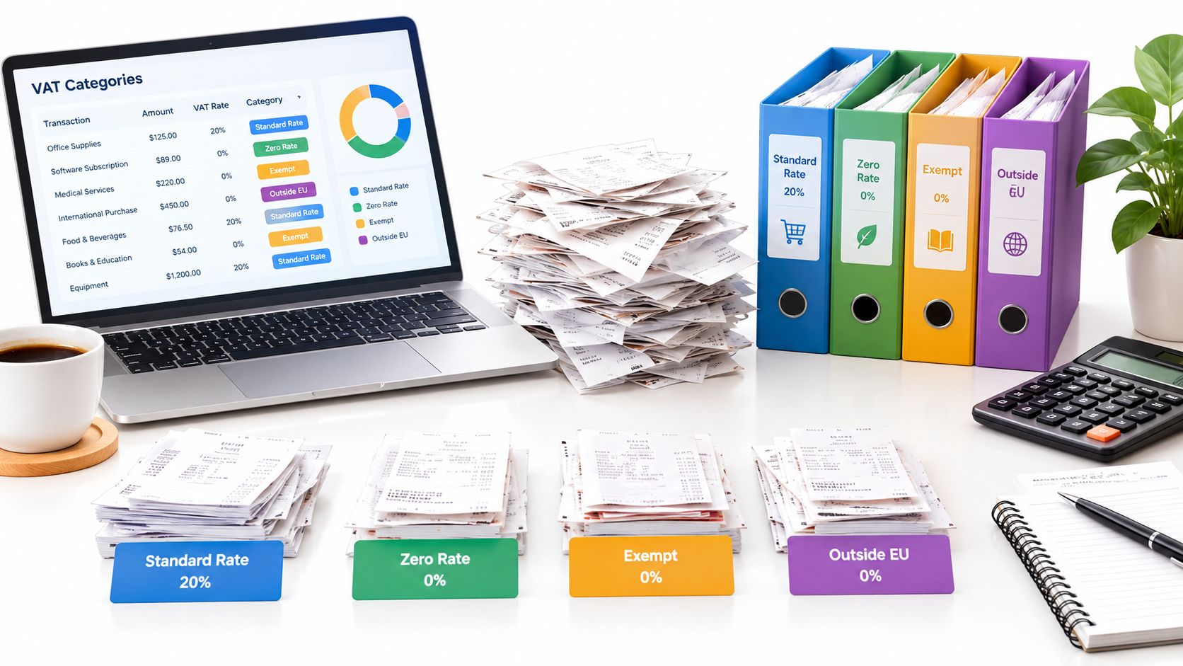 A laptop, stacks of receipts, colorful tax binders, and a calculator on a desk for VAT accounting.