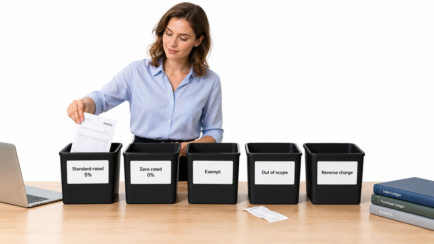 A professional woman organizing business invoices into labeled bins for VAT accounting purposes on a wooden desk.