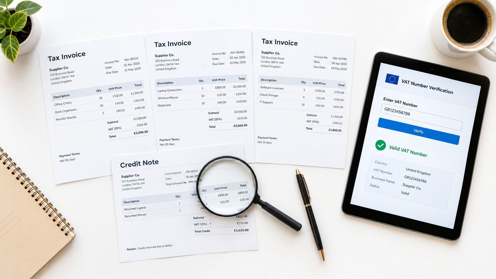 A workspace featuring tax invoices, a credit note with a magnifying glass, and a digital VAT verification tablet.