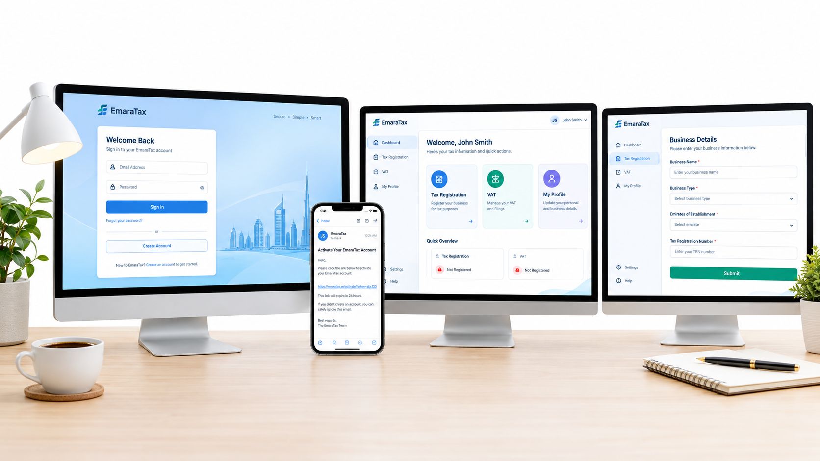 A modern workspace with multiple screens displaying the EmaraTax digital platform for business and VAT registration in the UAE.