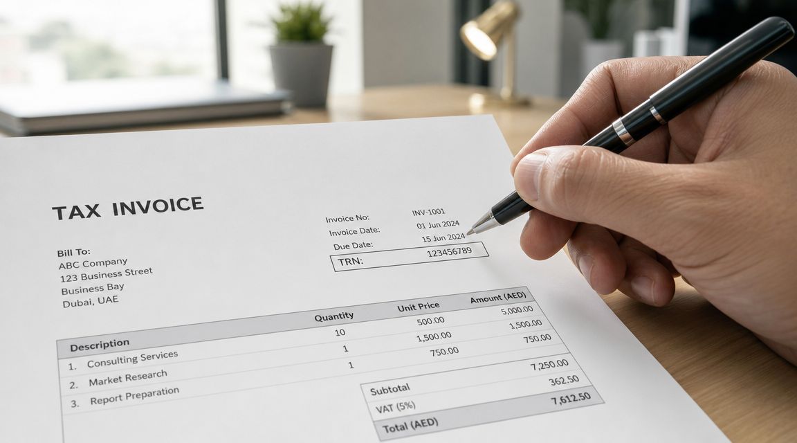 A close-up view of a person holding a pen over a tax invoice document.